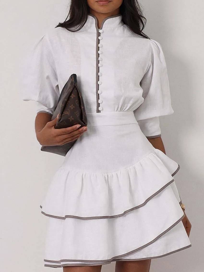 Casual Turtleneck Patchwork Half Sleeve Pleated Mini Dress