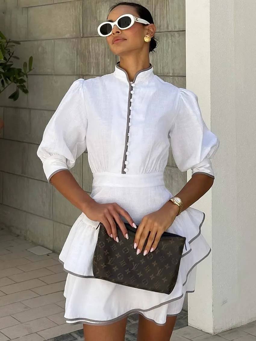 Casual Turtleneck Patchwork Half Sleeve Pleated Mini Dress