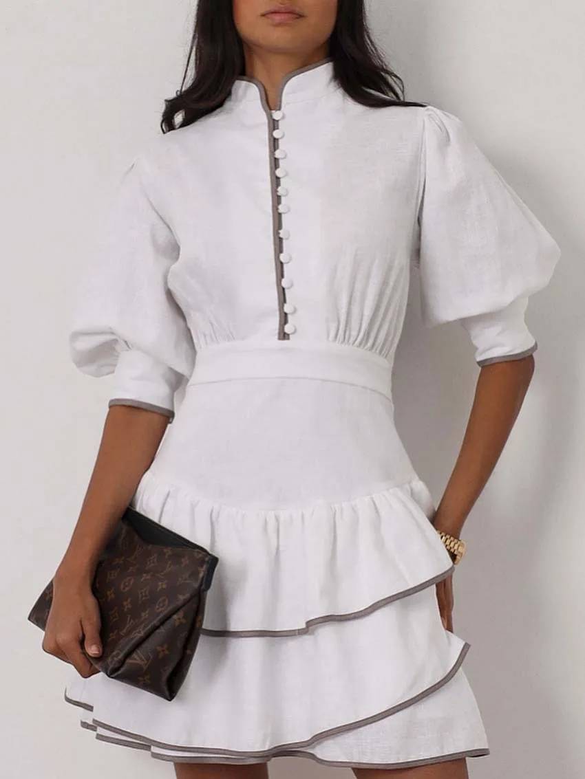 Casual Turtleneck Patchwork Half Sleeve Pleated Mini Dress