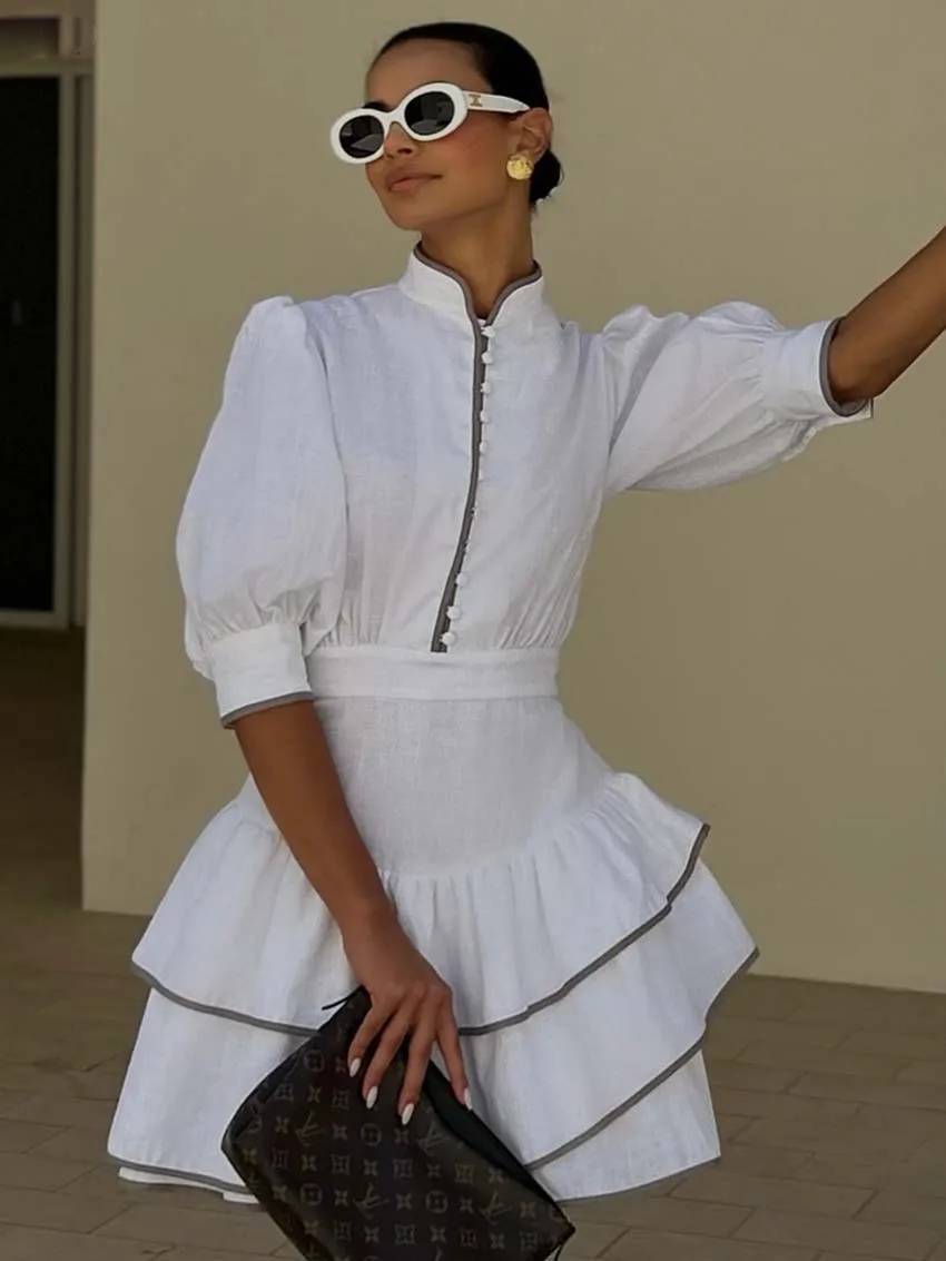 Casual Turtleneck Patchwork Half Sleeve Pleated Mini Dress