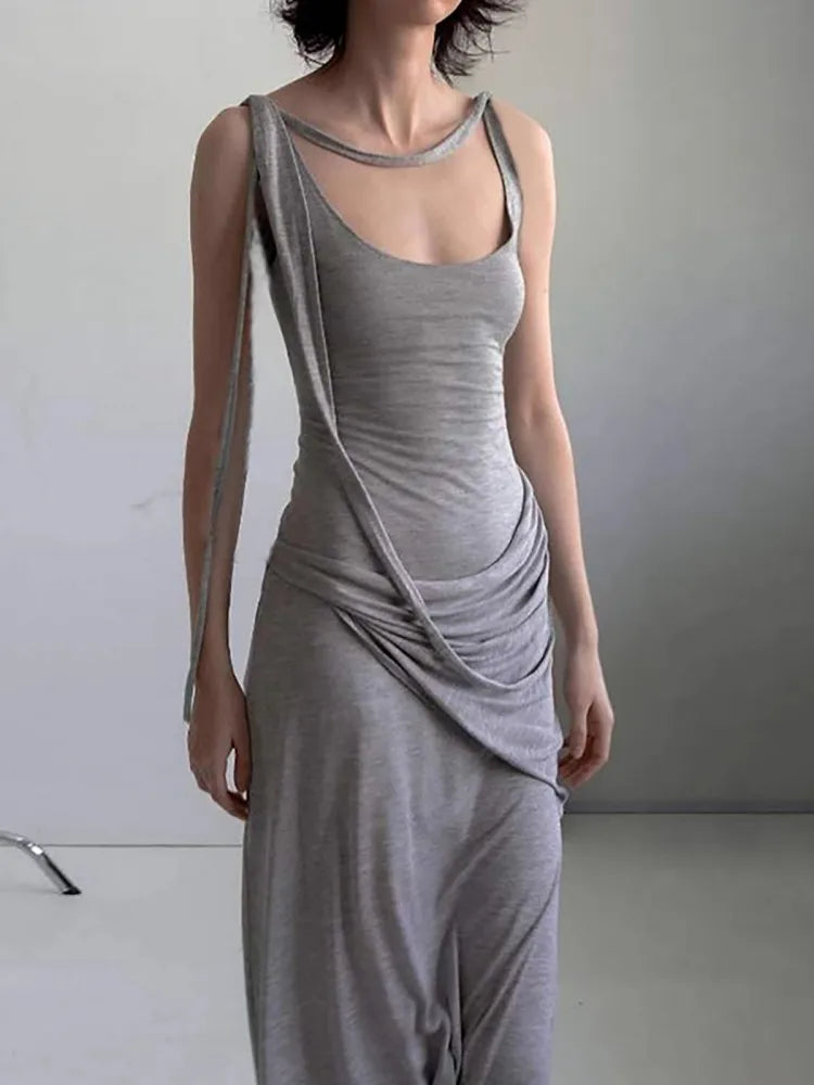 Casual U-Neck Pure Cotton Comfortable With Irregular Waistband Slimming Long Dress