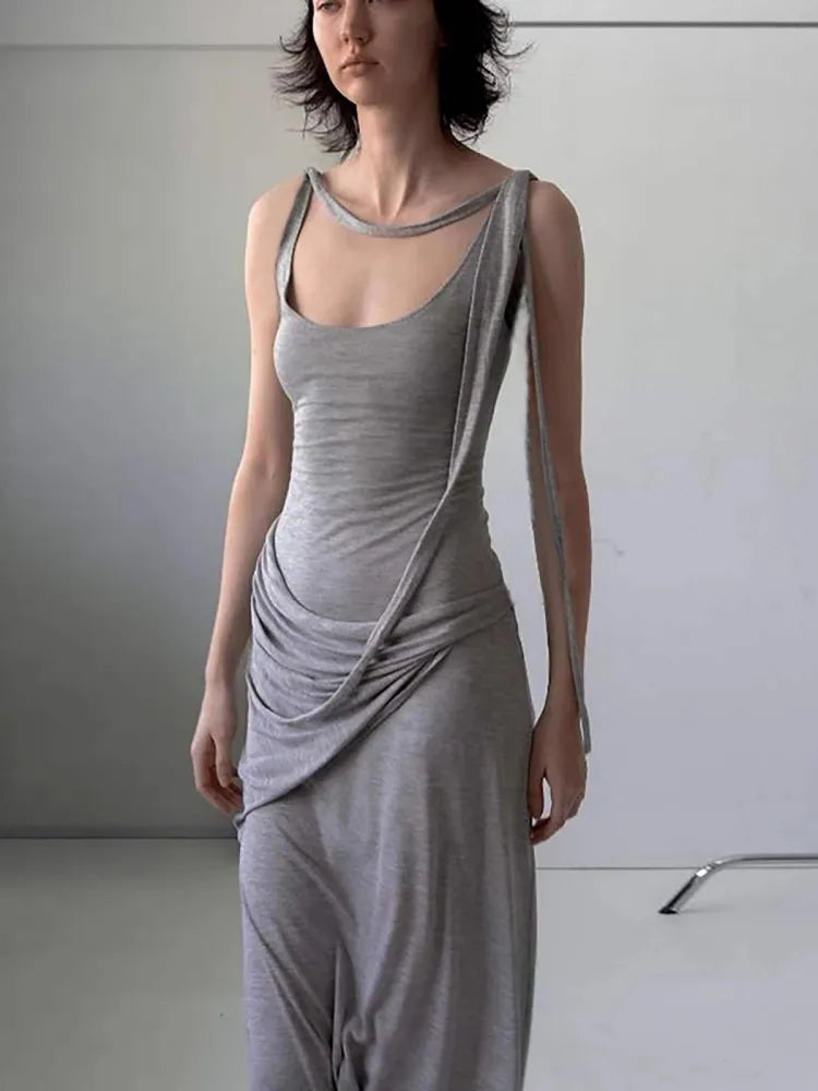 Casual U-Neck Pure Cotton Comfortable With Irregular Waistband Slimming Long Dress