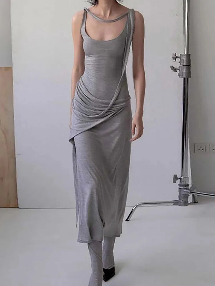 Casual U-Neck Pure Cotton Comfortable With Irregular Waistband Slimming Long Dress