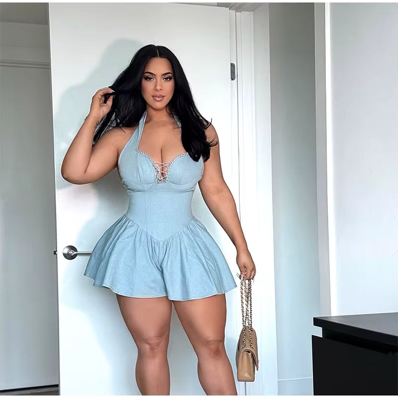 Casual V-Neck Backless Sleeveless Lace-up A-line Halter Mini Dress