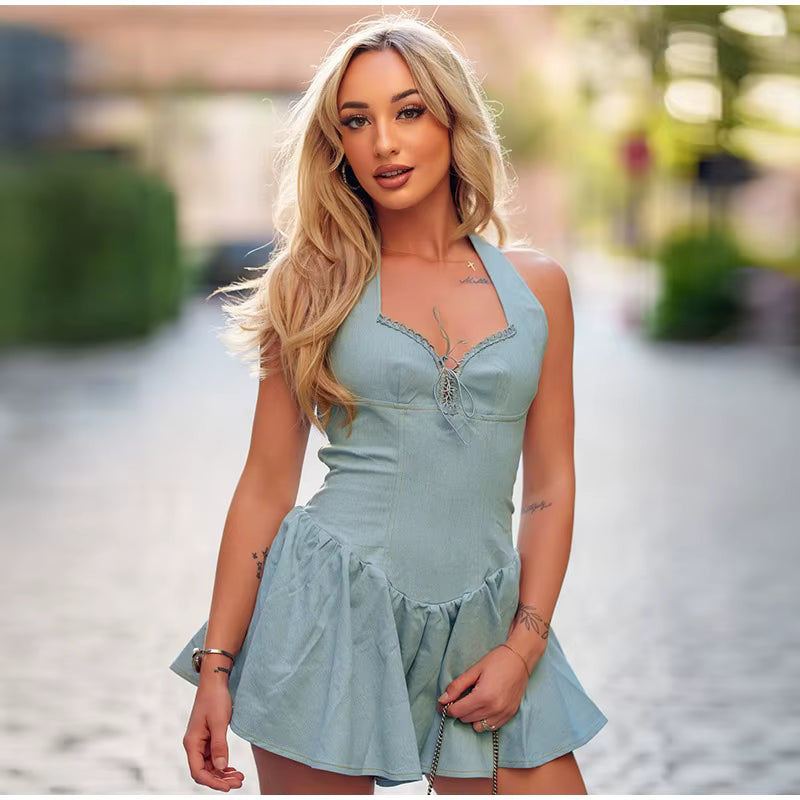 Casual V-Neck Backless Sleeveless Lace-up A-line Halter Mini Dress