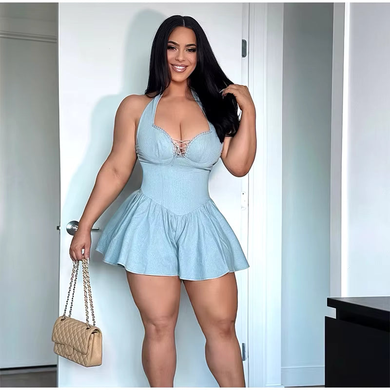 Casual V-Neck Backless Sleeveless Lace-up A-line Halter Mini Dress