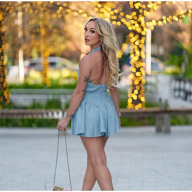 Casual V-Neck Backless Sleeveless Lace-up A-line Halter Mini Dress