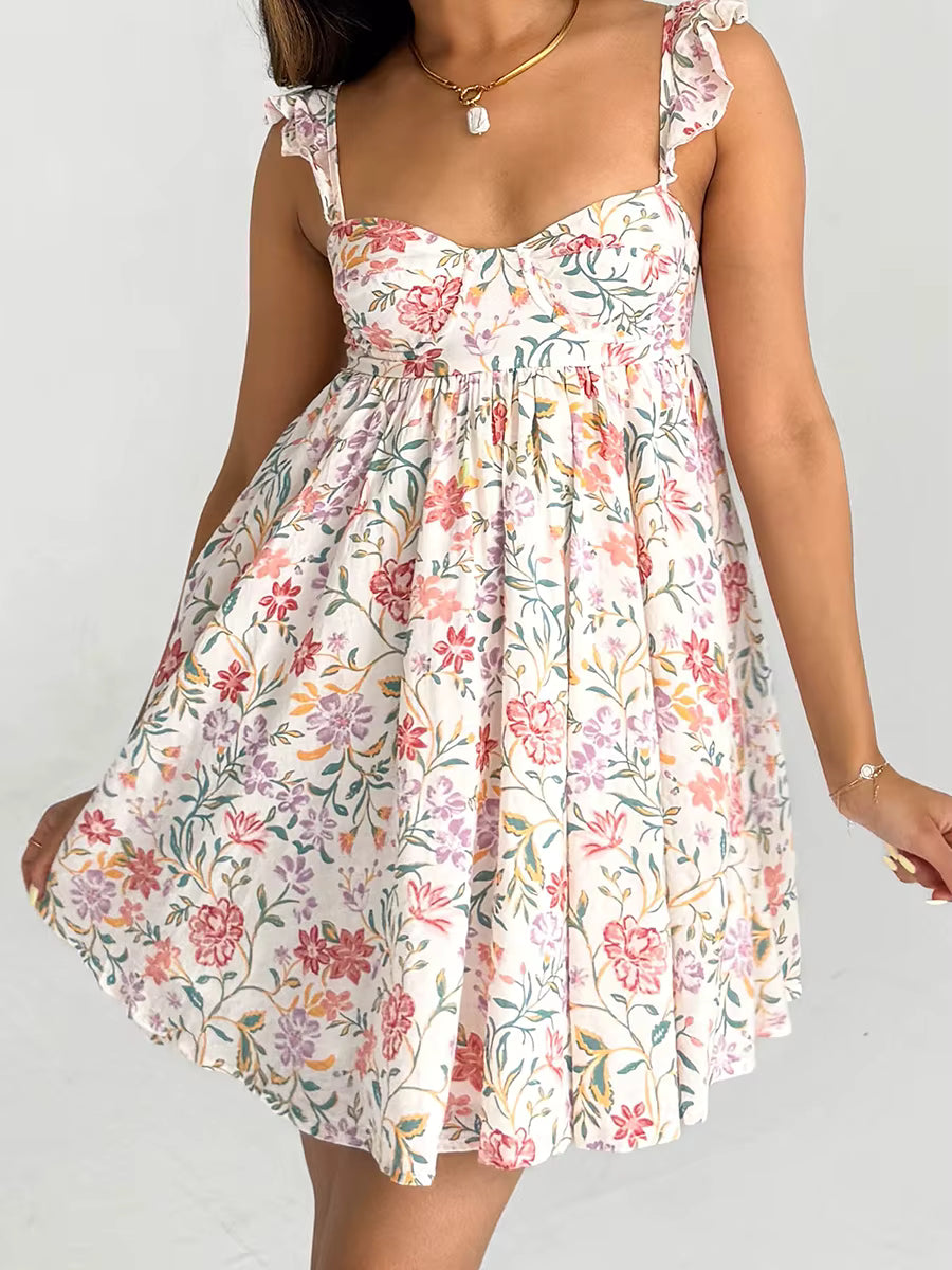 Casual V-Neck Backless Spaghetti Strap Floral Babydoll Mini Dress