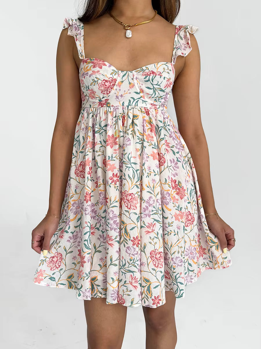 Casual V-Neck Backless Spaghetti Strap Floral Babydoll Mini Dress