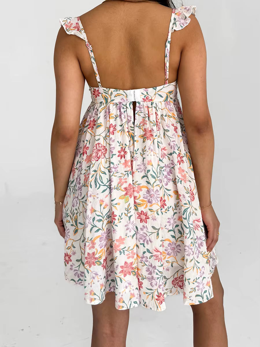 Casual V-Neck Backless Spaghetti Strap Floral Babydoll Mini Dress