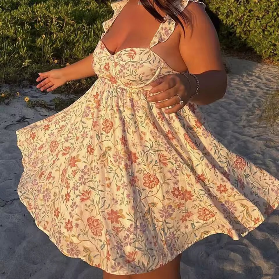 Casual V-Neck Backless Spaghetti Strap Floral Babydoll Mini Dress