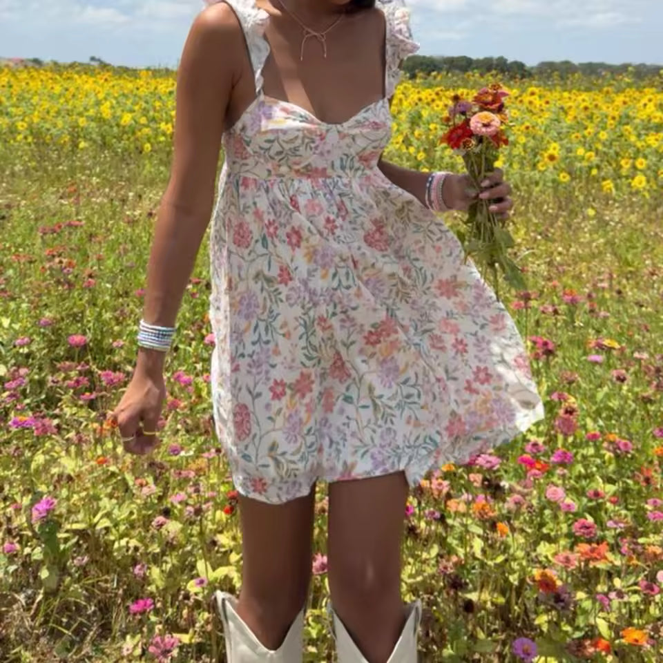 Casual V-Neck Backless Spaghetti Strap Floral Babydoll Mini Dress