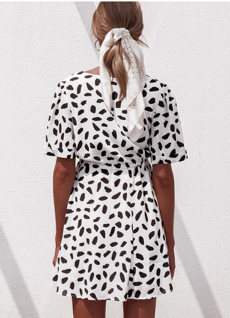 Casual  V Neck Bottom Wrap Sand Spot Mini  Bodycon Dress