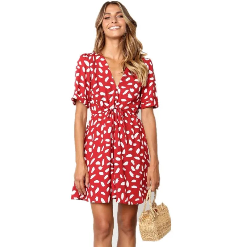 Casual  V Neck Bottom Wrap Sand Spot Mini  Bodycon Dress
