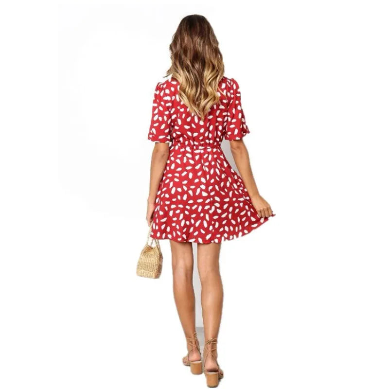 Casual  V Neck Bottom Wrap Sand Spot Mini  Bodycon Dress