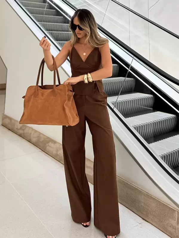 Casual V-Neck Camisole Top And Straight-leg Pants 2 Piece Set