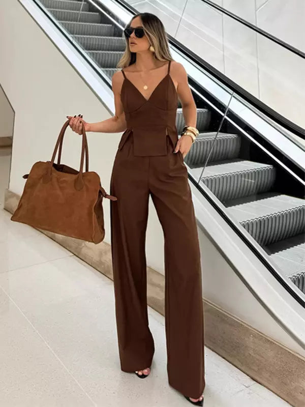 Casual V-Neck Camisole Top And Straight-leg Pants 2 Piece Set