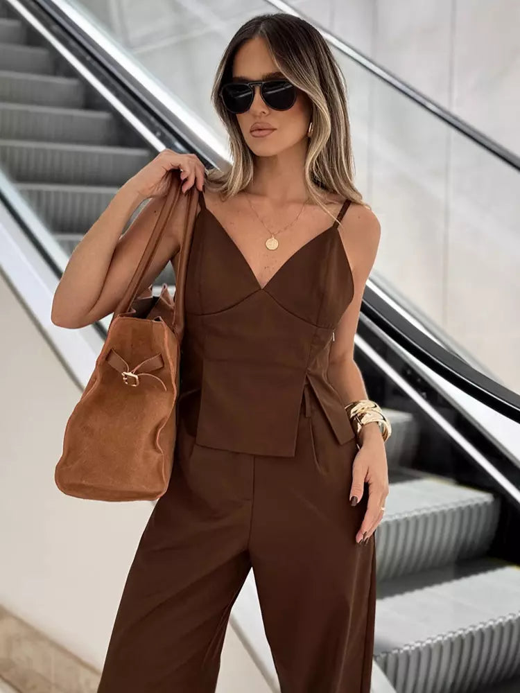 Casual V-Neck Camisole Top And Straight-leg Pants 2 Piece Set