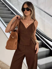 Casual V-Neck Camisole Top And Straight-leg Pants 2 Piece Set