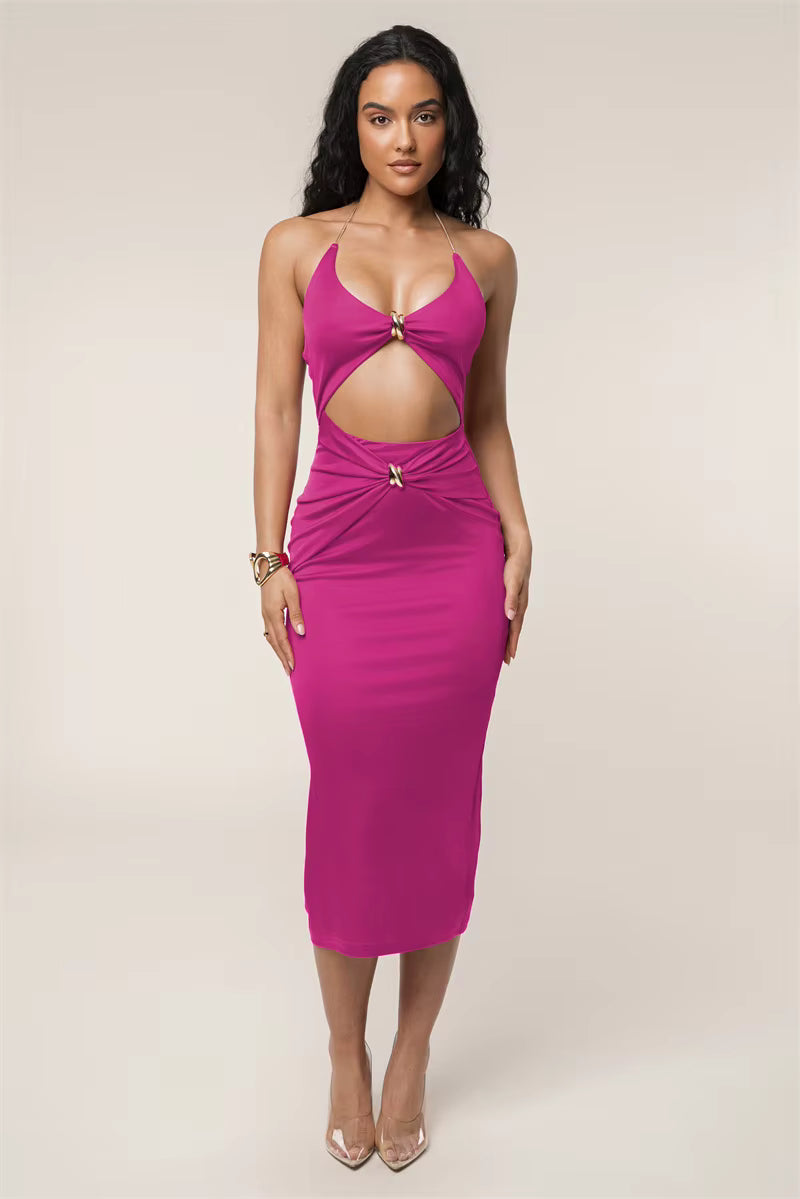 Casual V-Neck Cutout Off-shoulder Strapless Sleeveless Backless Bodycon Midi Dress