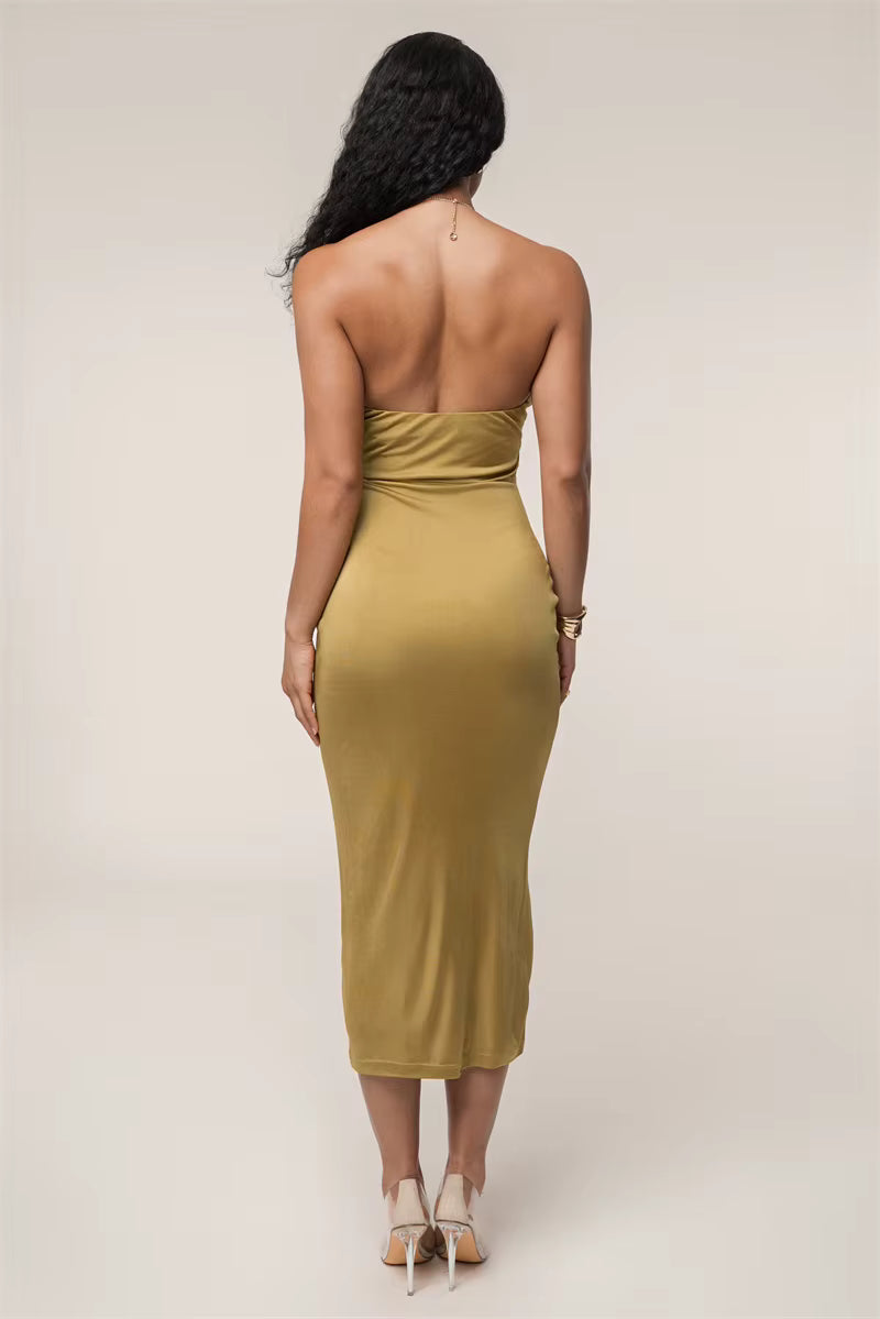 Casual V-Neck Cutout Off-shoulder Strapless Sleeveless Backless Bodycon Midi Dress
