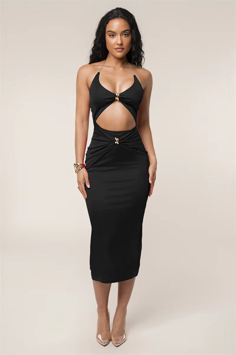 Casual V-Neck Cutout Off-shoulder Strapless Sleeveless Backless Bodycon Midi Dress