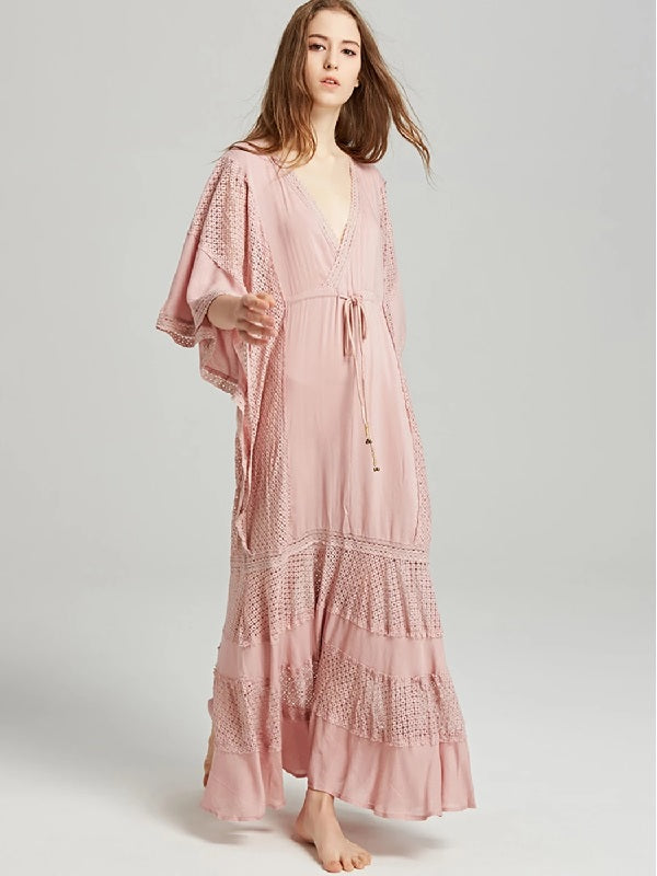 Casual V Neck Drawstring Loose Beach Dress