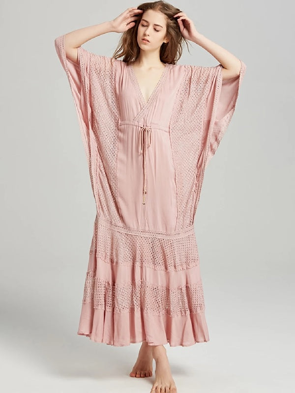 Casual V Neck Drawstring Loose Beach Dress