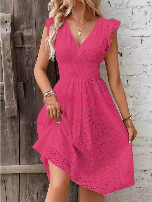 Casual V-Neck Flare Sleeve Solid Color Hollow Lace Waist Beach Holiday Dresses