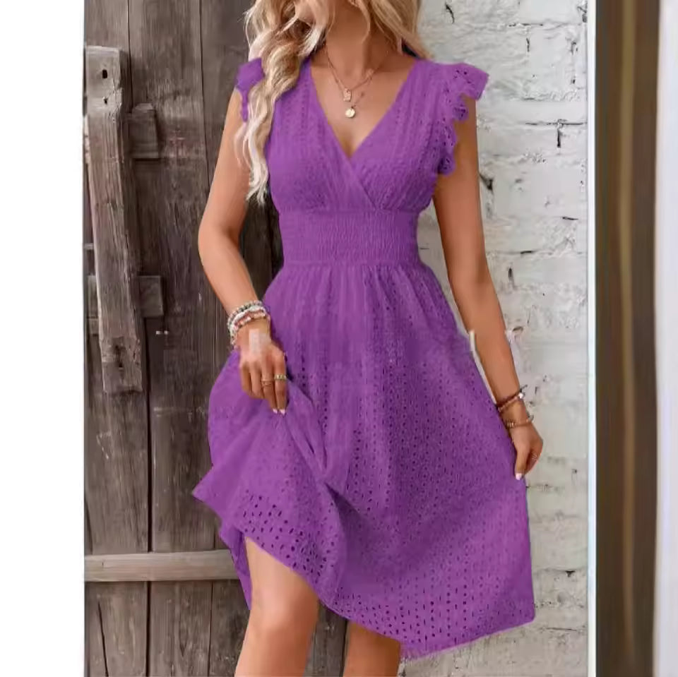Casual V-Neck Flare Sleeve Solid Color Hollow Lace Waist Beach Holiday Dresses
