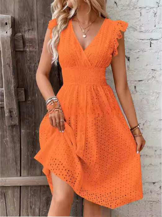 Casual V-Neck Flare Sleeve Solid Color Hollow Lace Waist Beach Holiday Dresses