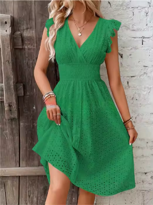 Casual V-Neck Flare Sleeve Solid Color Hollow Lace Waist Beach Holiday Dresses