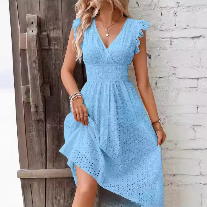 Casual V-Neck Flare Sleeve Solid Color Hollow Lace Waist Beach Holiday Dresses