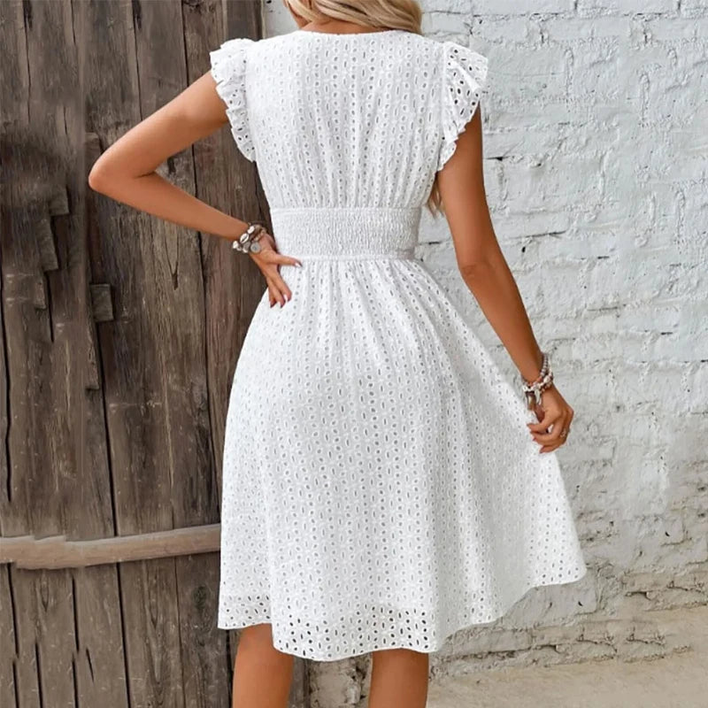 Casual V-Neck Flare Sleeve Solid Color Hollow Lace Waist Beach Holiday Dresses