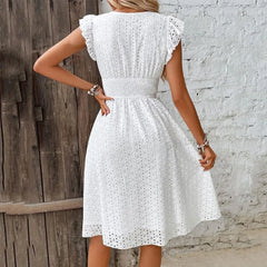 Casual V-Neck Flare Sleeve Solid Color Hollow Lace Waist Beach Holiday Dresses
