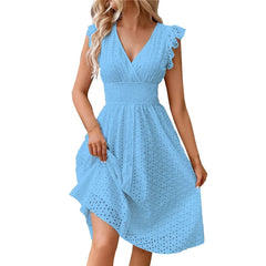 Casual V-Neck Flare Sleeve Solid Color Hollow Lace Waist Beach Holiday Dresses