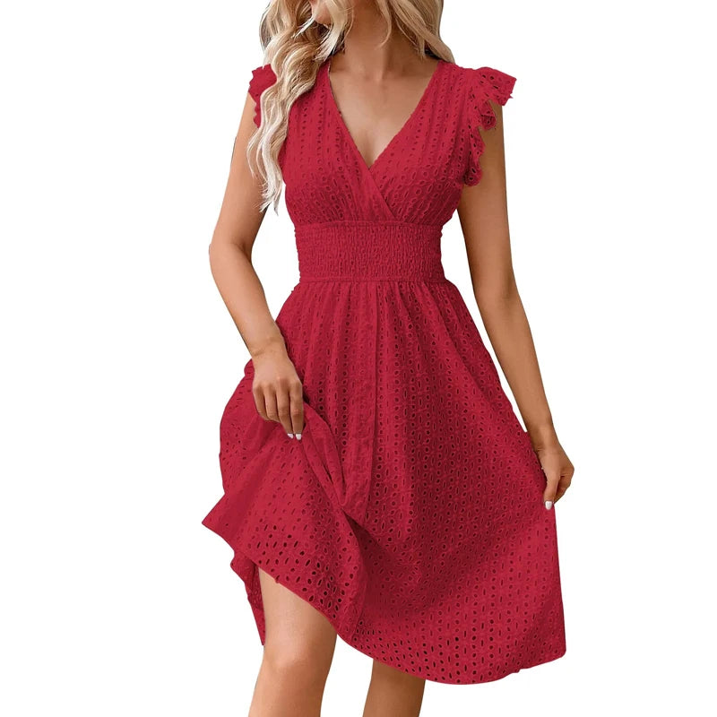 Casual V-Neck Flare Sleeve Solid Color Hollow Lace Waist Beach Holiday Dresses