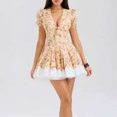 Casual V-Neck Flower Print Wide Bottom Slim Short Dress