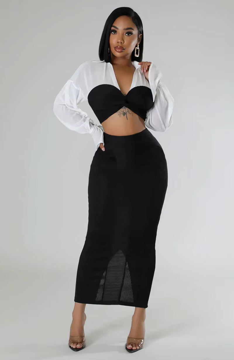 Casual V-Neck Full Sleeve Shirt and Split Long Skirt Suit Night Club Party Two Piece Sets