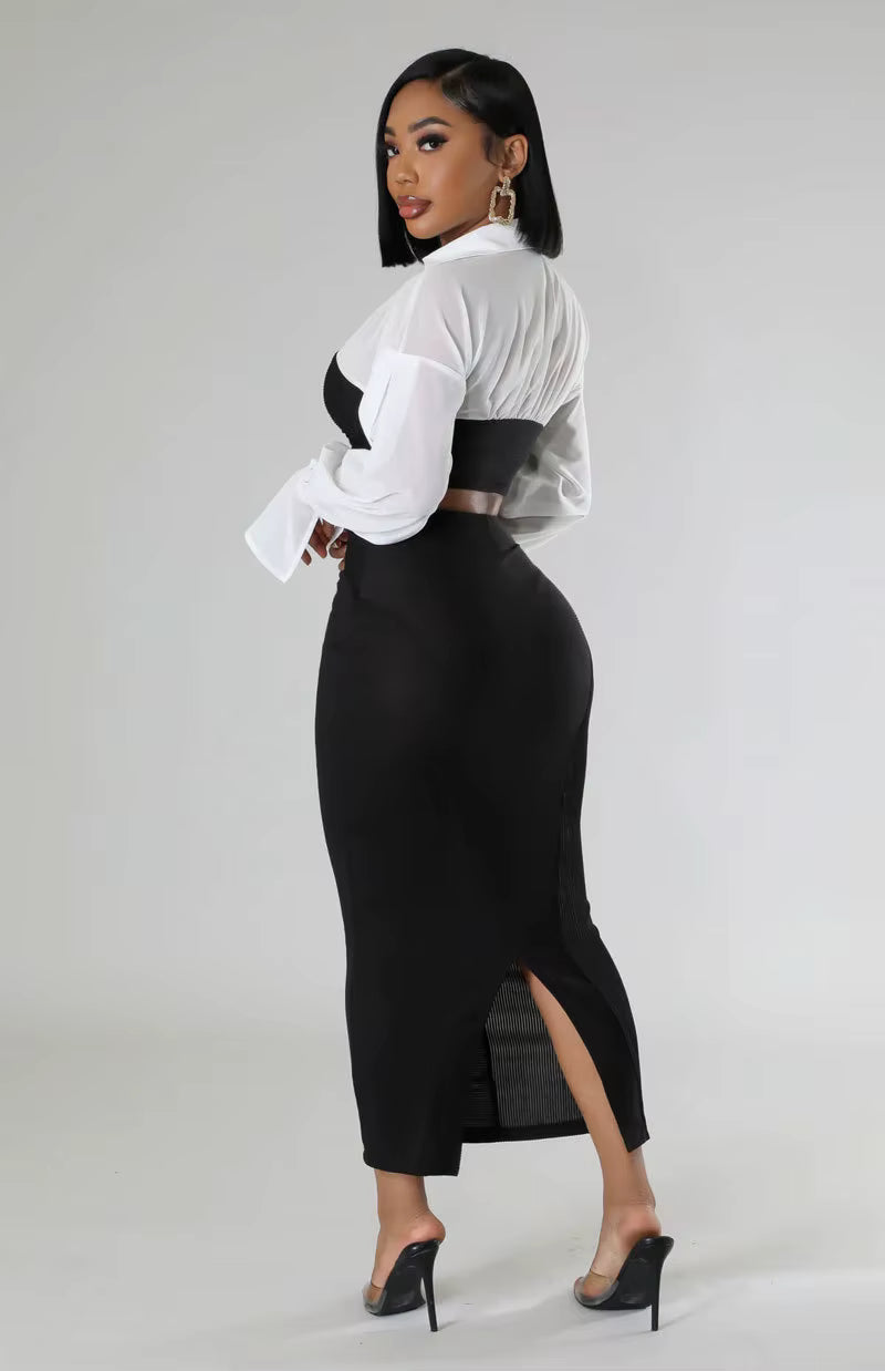 Casual V-Neck Full Sleeve Shirt and Split Long Skirt Suit Night Club Party Two Piece Sets