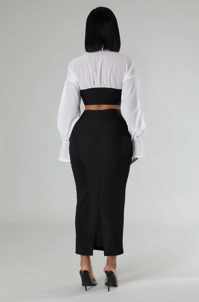 Casual V-Neck Full Sleeve Shirt and Split Long Skirt Suit Night Club Party Two Piece Sets