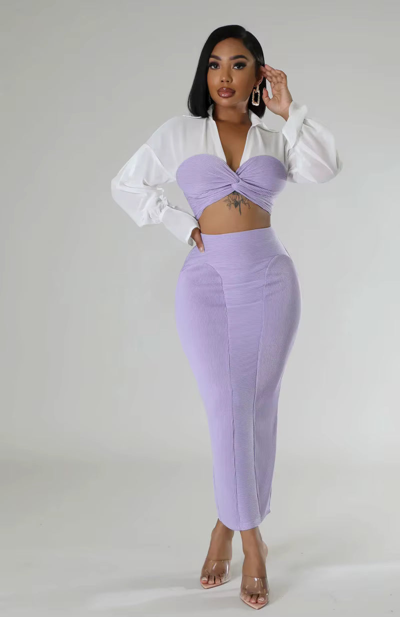 Casual V-Neck Full Sleeve Shirt and Split Long Skirt Suit Night Club Party Two Piece Sets