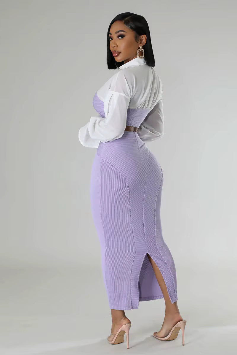 Casual V-Neck Full Sleeve Shirt and Split Long Skirt Suit Night Club Party Two Piece Sets