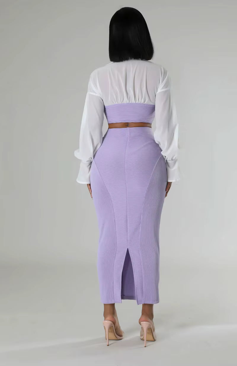Casual V-Neck Full Sleeve Shirt and Split Long Skirt Suit Night Club Party Two Piece Sets