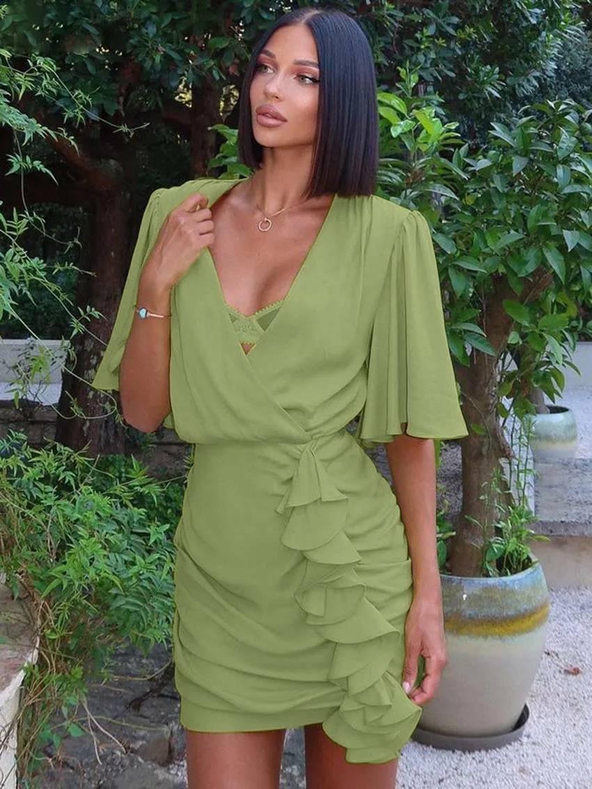 Casual V-Neck Half Sleeve Lace-Up Slim Elegant Ruffled Mini Dress