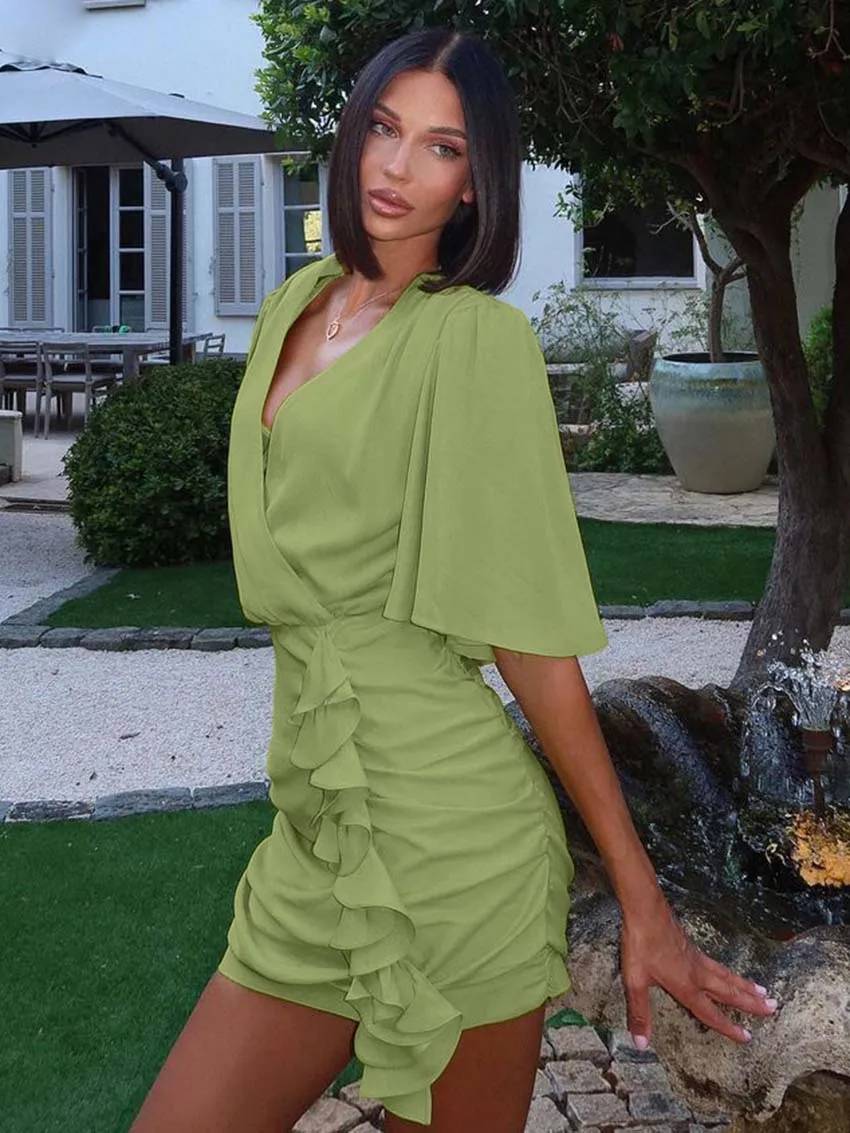 Casual V-Neck Half Sleeve Lace-Up Slim Elegant Ruffled Mini Dress