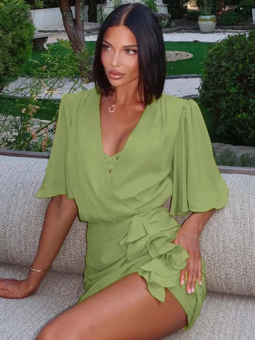 Casual V-Neck Half Sleeve Lace-Up Slim Elegant Ruffled Mini Dress