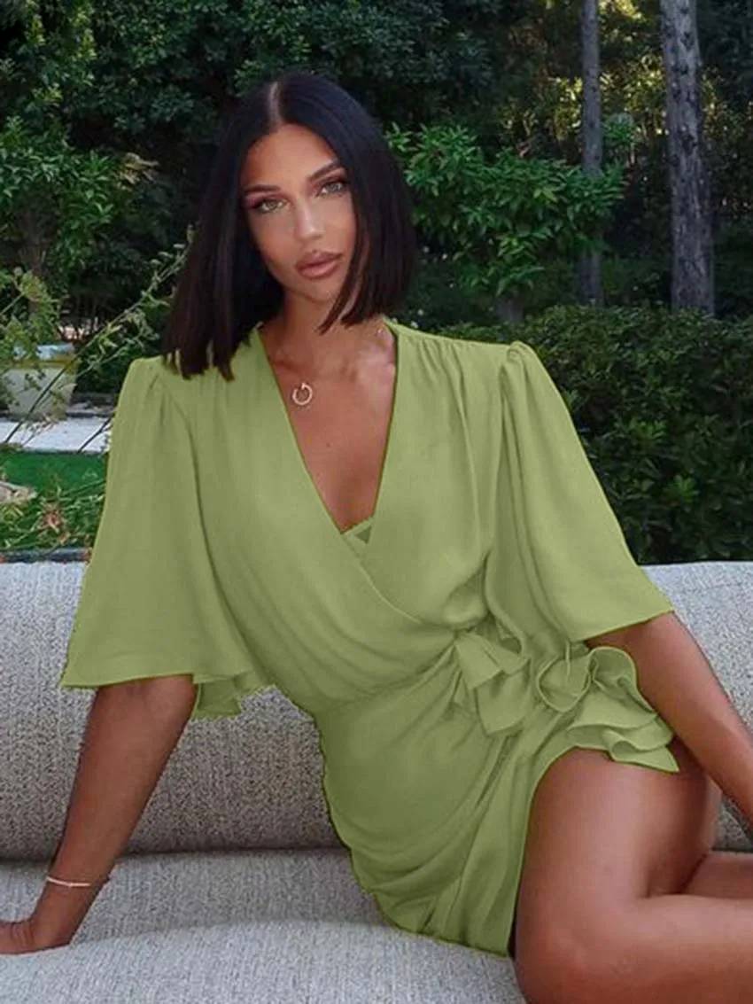 Casual V-Neck Half Sleeve Lace-Up Slim Elegant Ruffled Mini Dress