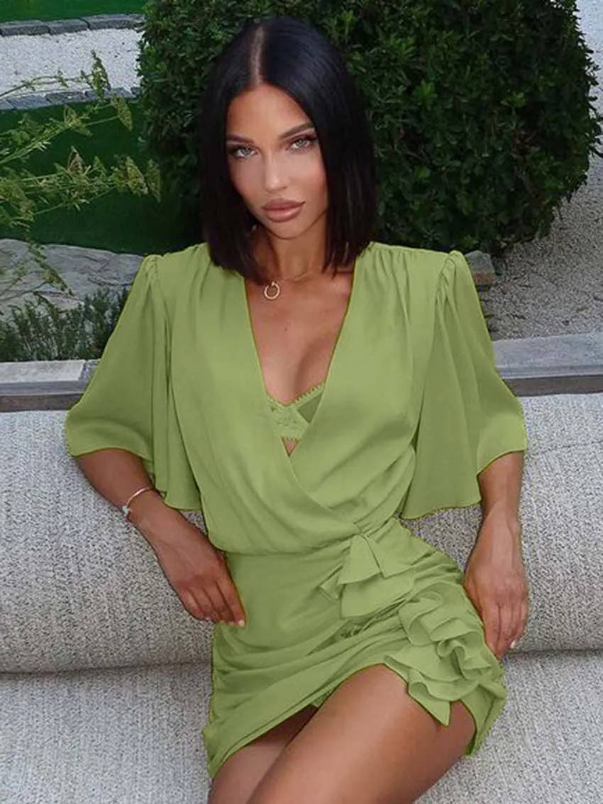 Casual V-Neck Half Sleeve Lace-Up Slim Elegant Ruffled Mini Dress