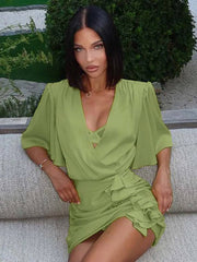 Casual V-Neck Half Sleeve Lace-Up Slim Elegant Ruffled Mini Dress